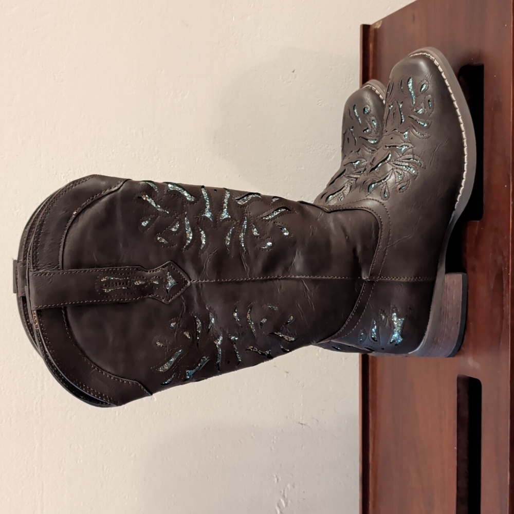 Nwt Hisea Cowboy Boots Brown With Turquoise Glitter- Square Toe Size 7